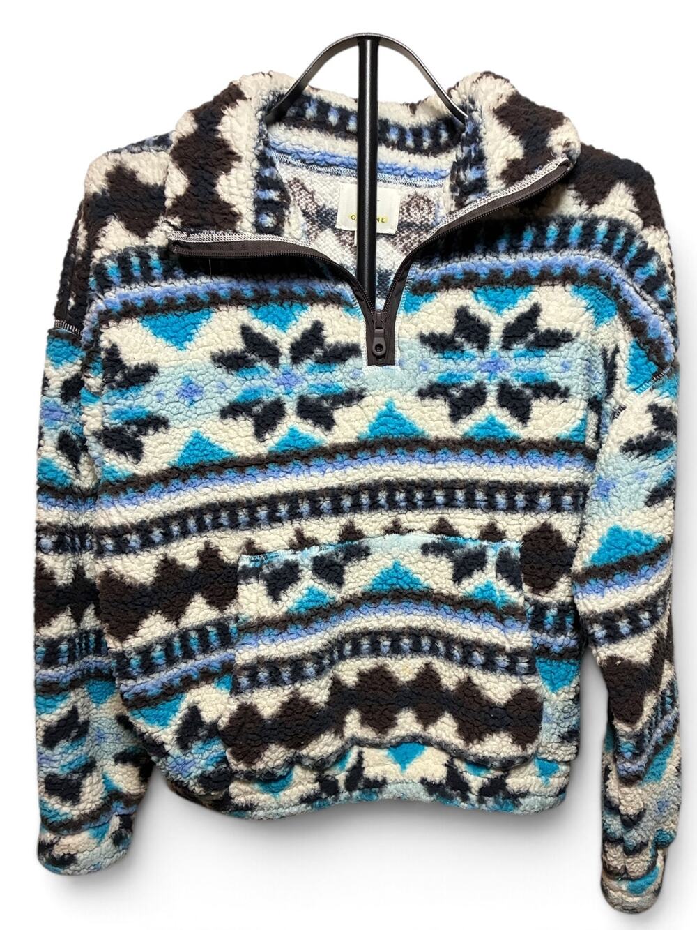 OFFLINE by Aerie Fair Isle Sherpa Quarter Zip Pullover Blue Snowflake Small